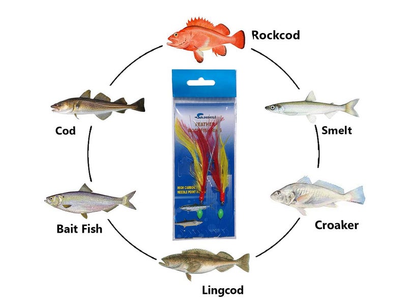 Rock Cod Feather Rigs 5/0, 10 Pcs Red/Yellow, for Deep Sea Saltwater Bottom Fishing, Ideal for Rockfish, Snapper, Cod & Offshore Species